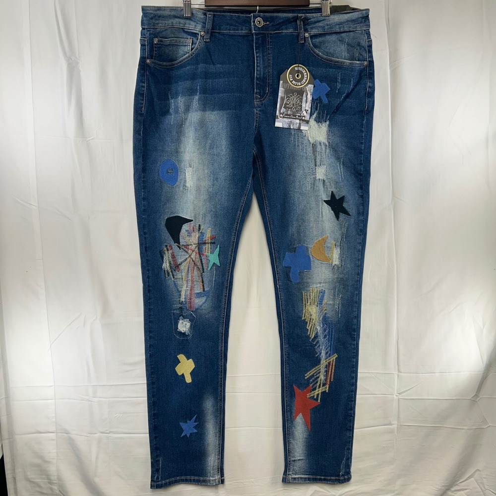 Rutherford Engineered Slim Fit Jeans Mens 38 Blue Distressed Patchwork Star Moon